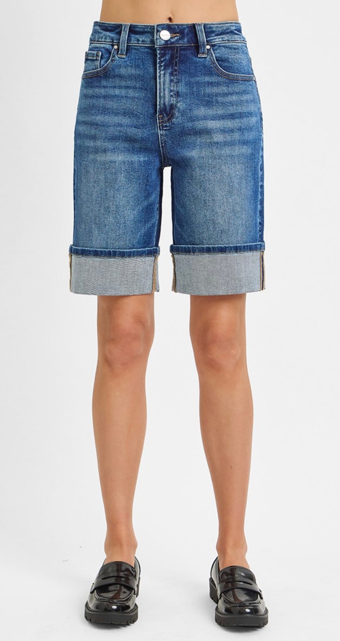 HIGH RISE MID LENGTH CUFFED SHORTS DARK BLUE