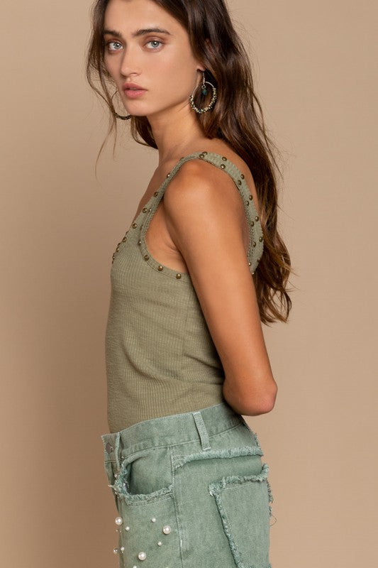 Olive Stud Scoop Neck Top
