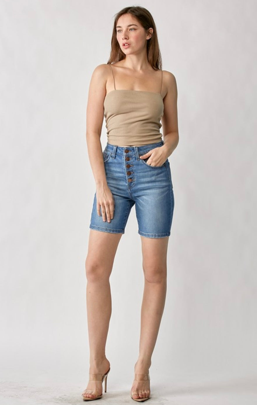 Button Fly Mid-Thigh Jean Shorts