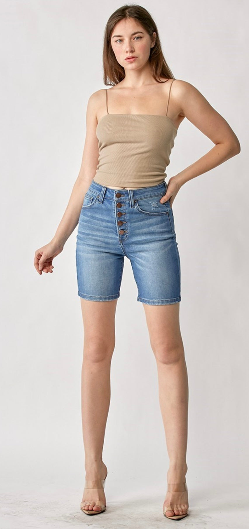 BUTTON FLY MID-THIGH SHORTS MEDIUM BLUE