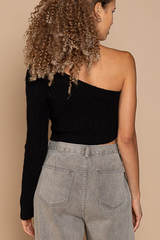 Cropped One Shoulder Sweater Black