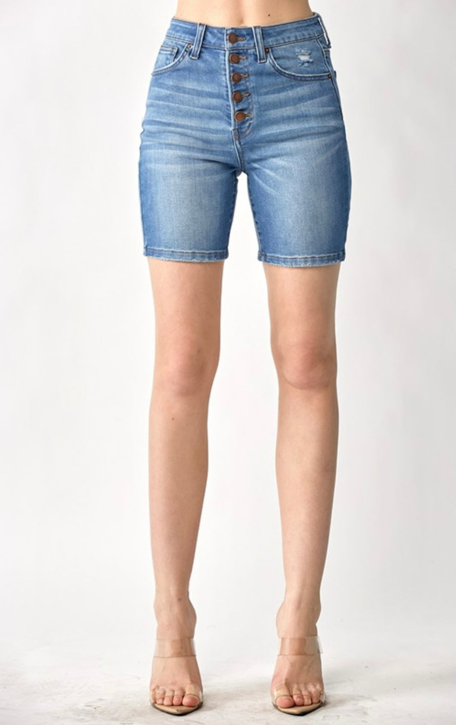 Button Fly Mid-Thigh Jean Shorts
