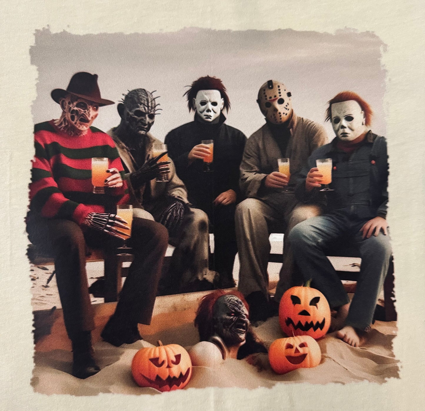 AT THE BEACH WITH HORROR CHARACTERS GRAPHIC T-SHIRT