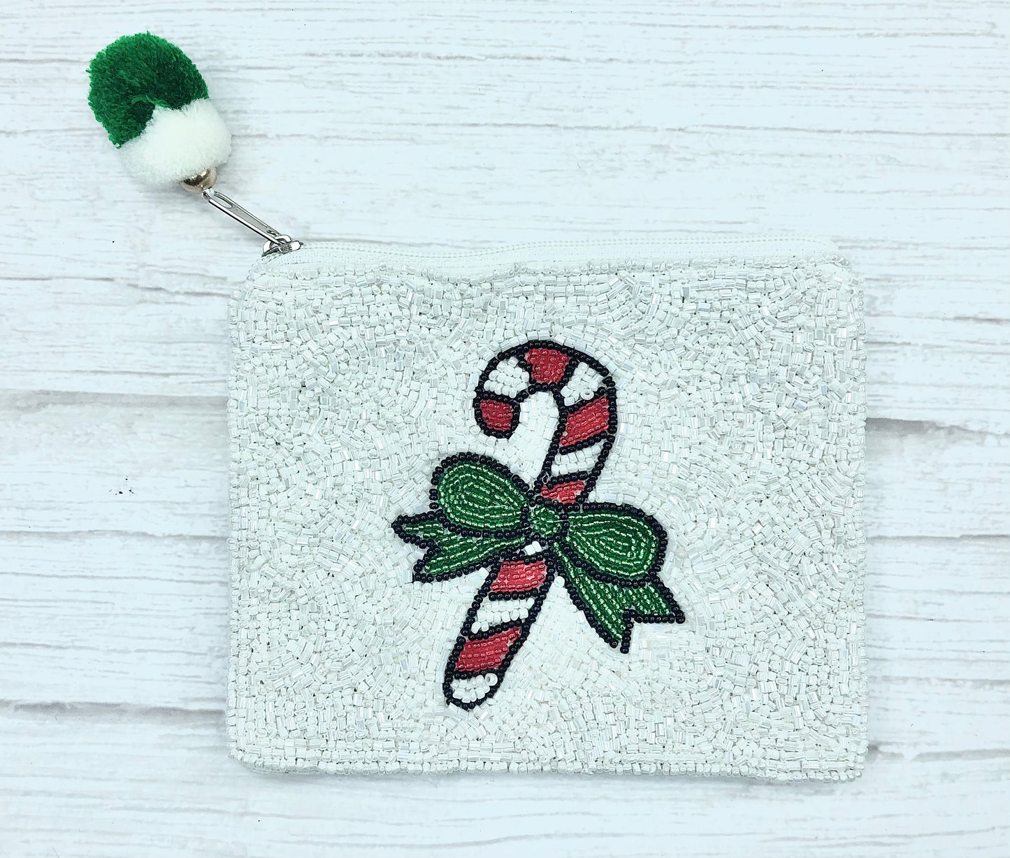 Candy Cane and Bow Beaded Coin Purse