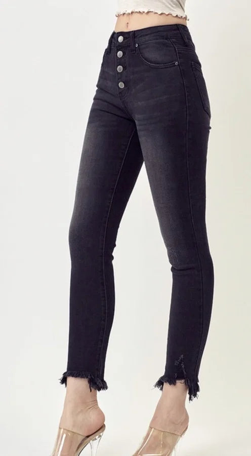 MID RISE BUTTON FLY RAW HEM SKINNY