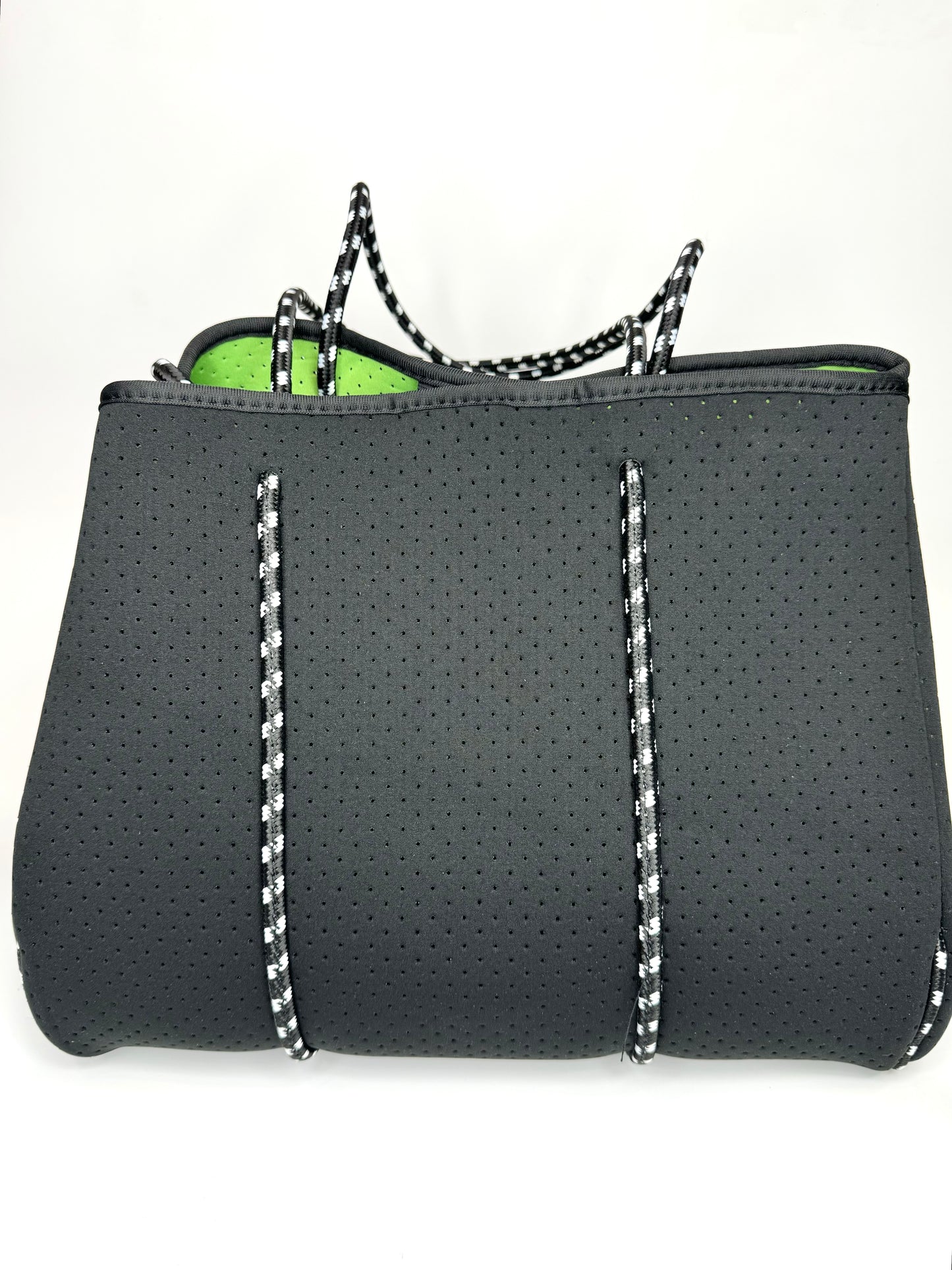 Black Neoprene Tote with Green and White Stripes