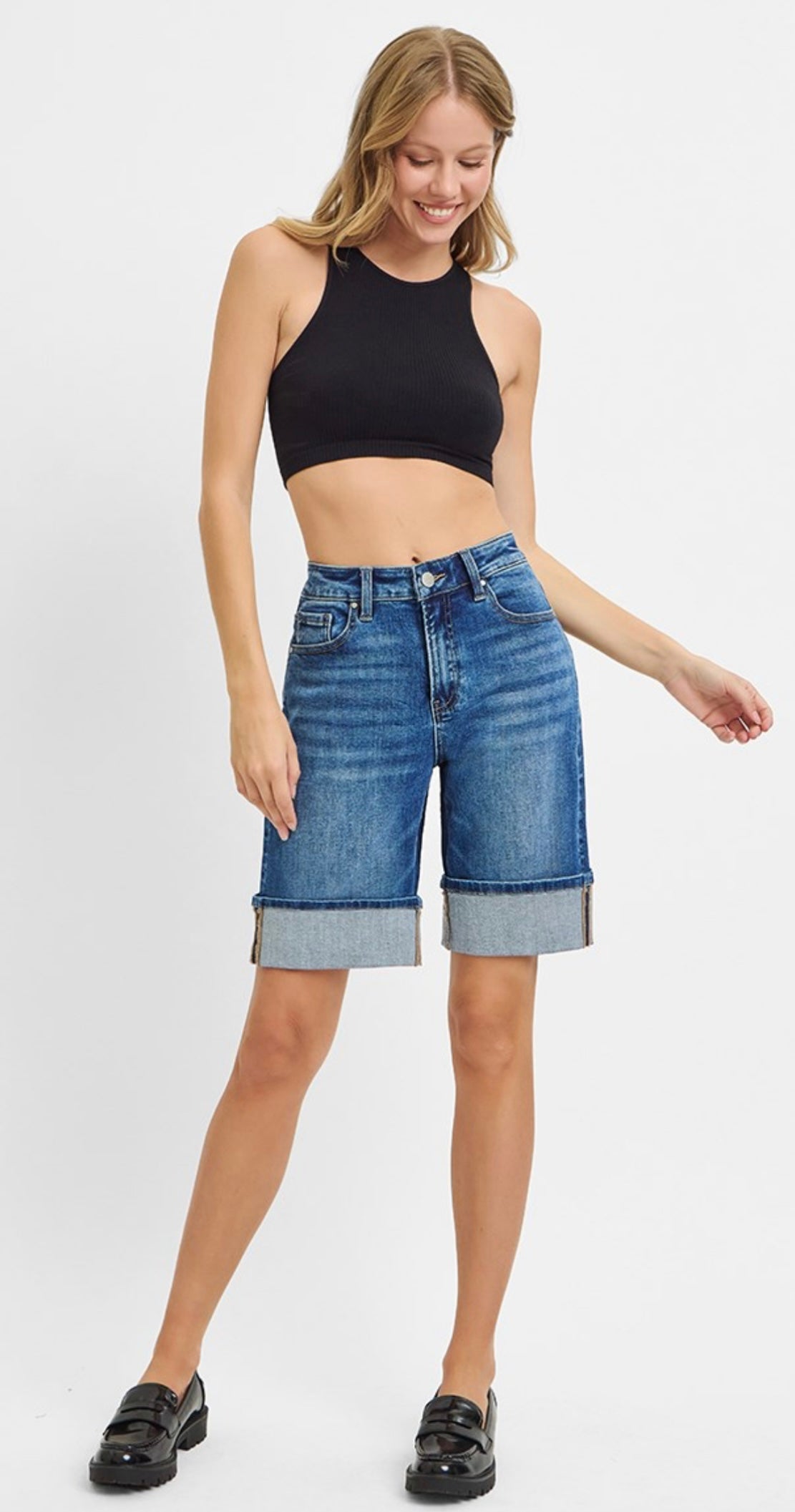 HIGH RISE MID LENGTH CUFFED SHORTS DARK BLUE