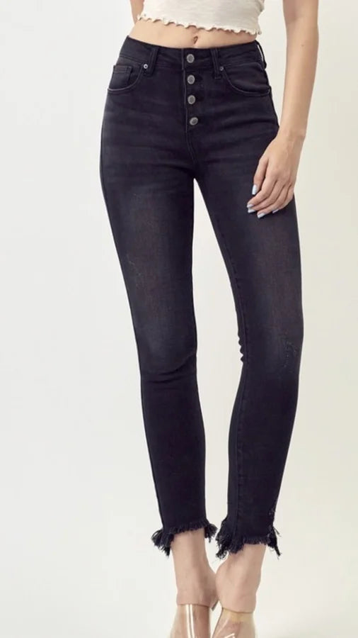 MID RISE BUTTON FLY RAW HEM SKINNY