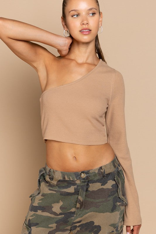 Caramel One Shoulder Cropped Knit Top