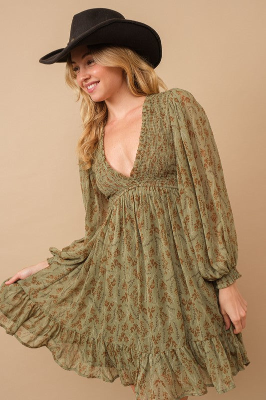 Olive Smocked Chiffon Dress