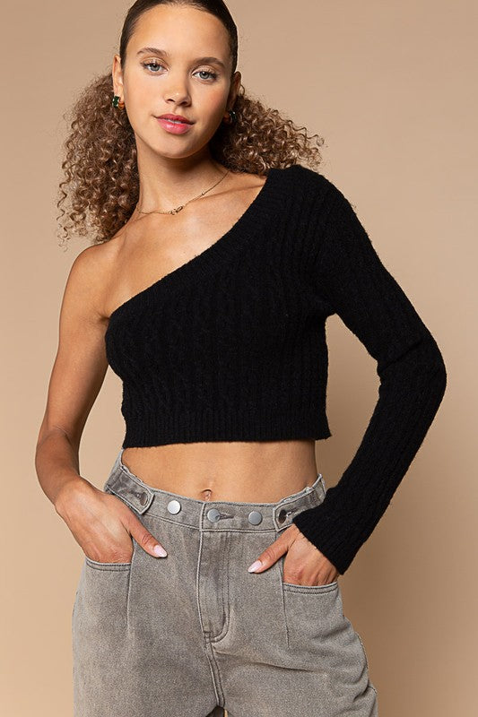 Cropped One Shoulder Sweater Black