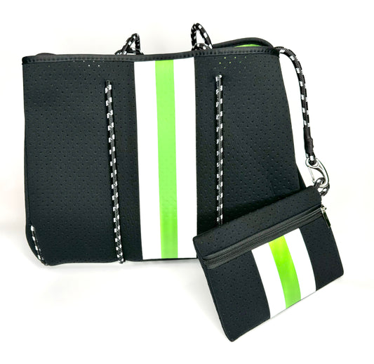 Black Neoprene Tote with Green and White Stripes