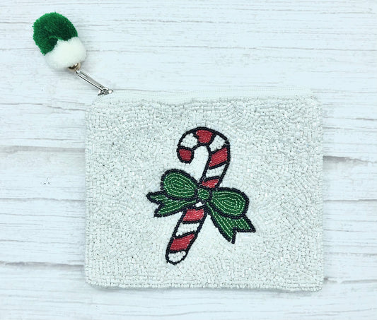 Candy Cane and Bow Beaded Coin Purse