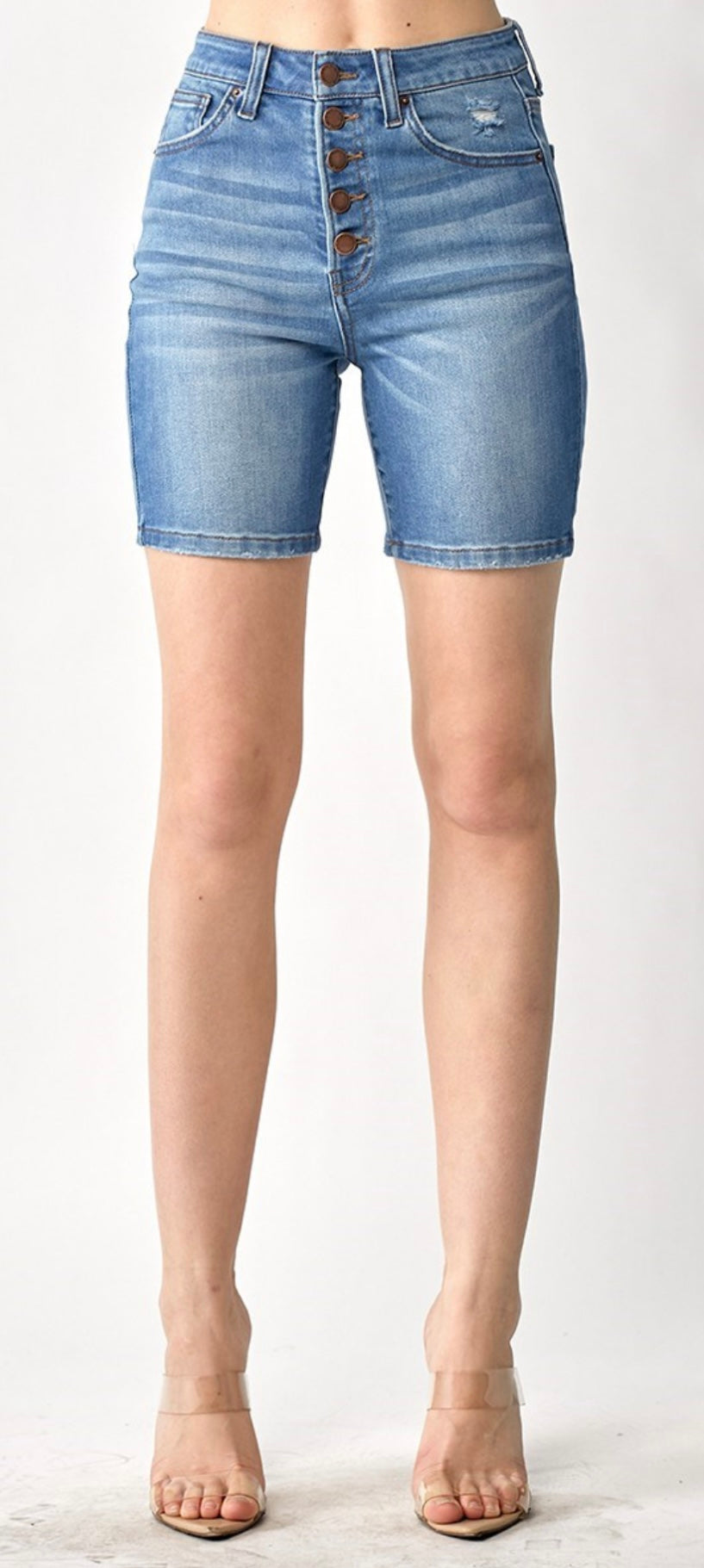 BUTTON FLY MID-THIGH SHORTS MEDIUM BLUE