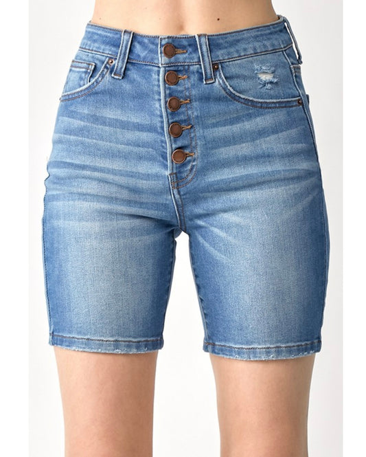 Button Fly Mid-Thigh Jean Shorts