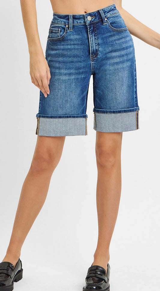 HIGH RISE MID LENGTH CUFFED SHORTS DARK BLUE