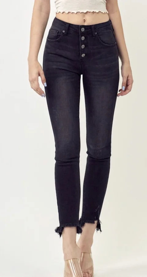 MID RISE BUTTON FLY RAW HEM SKINNY