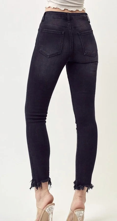 MID RISE BUTTON FLY RAW HEM SKINNY