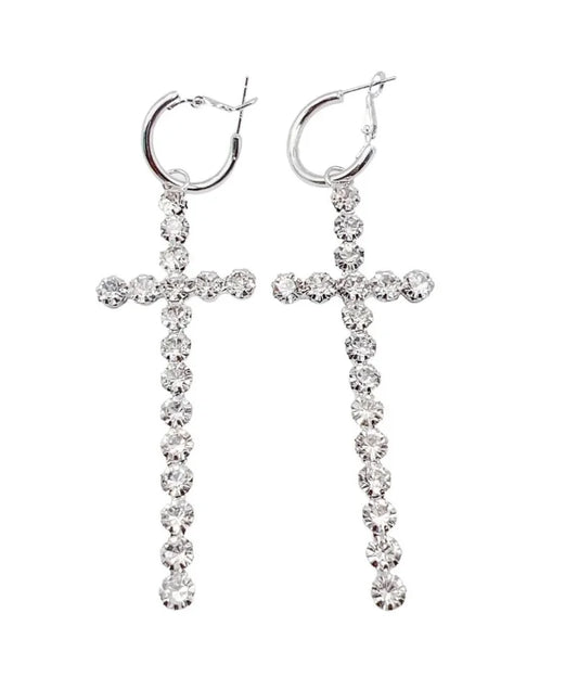 Silver Crystal Cross Earrings