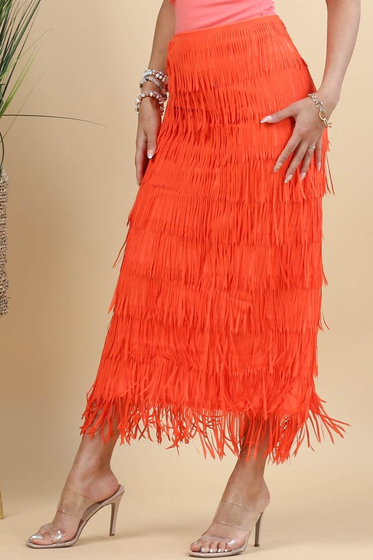 Long Fringe Skirt Orange